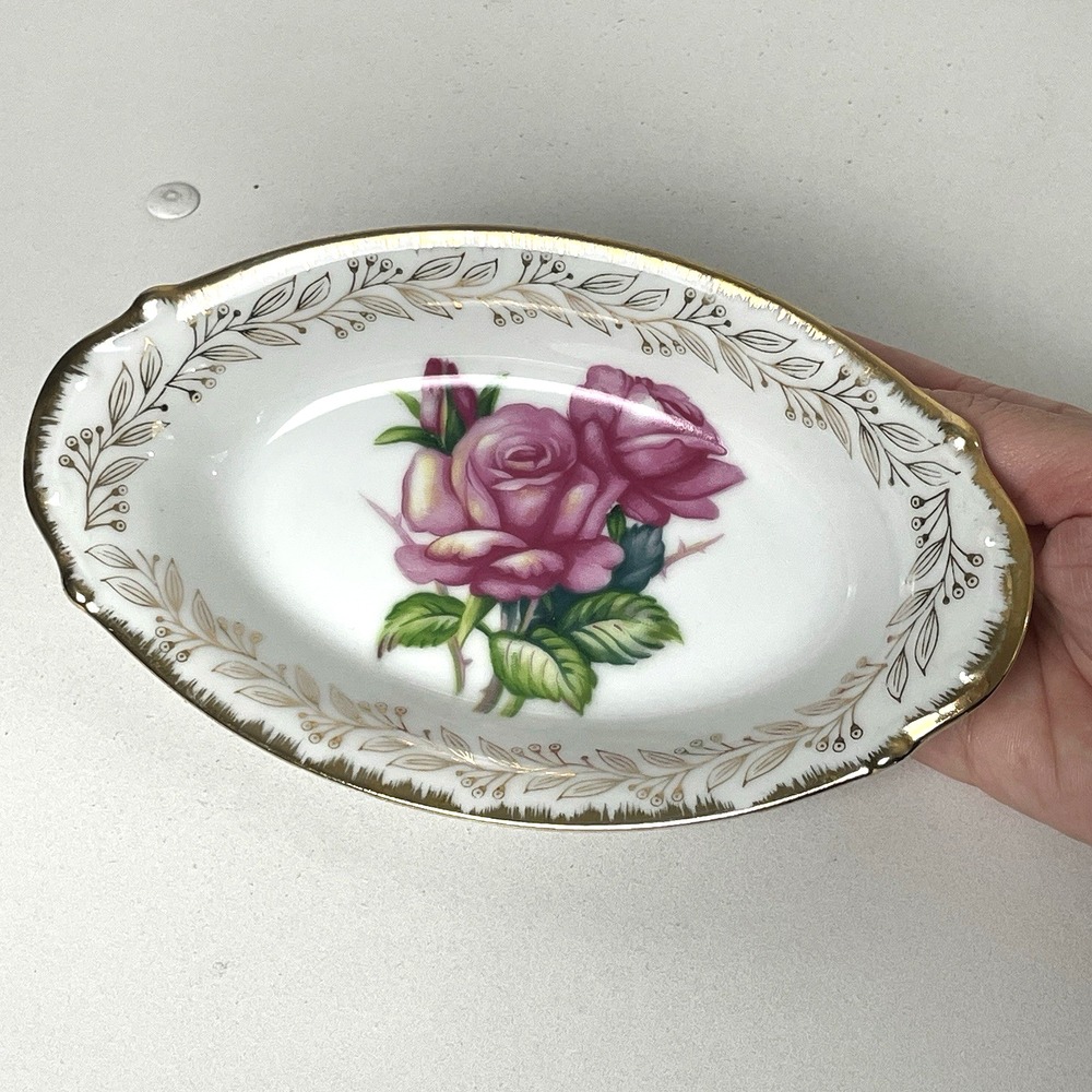 Norcrest Porcelain Oval Dish 7.5" Gold Trim Pink Roses Vintage